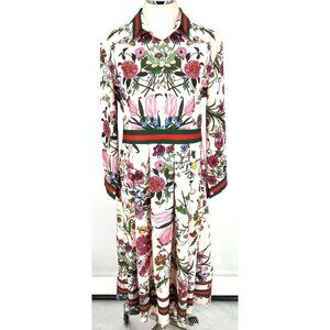 Floral Print Pink & Cream Maxi Dress with Green Trim